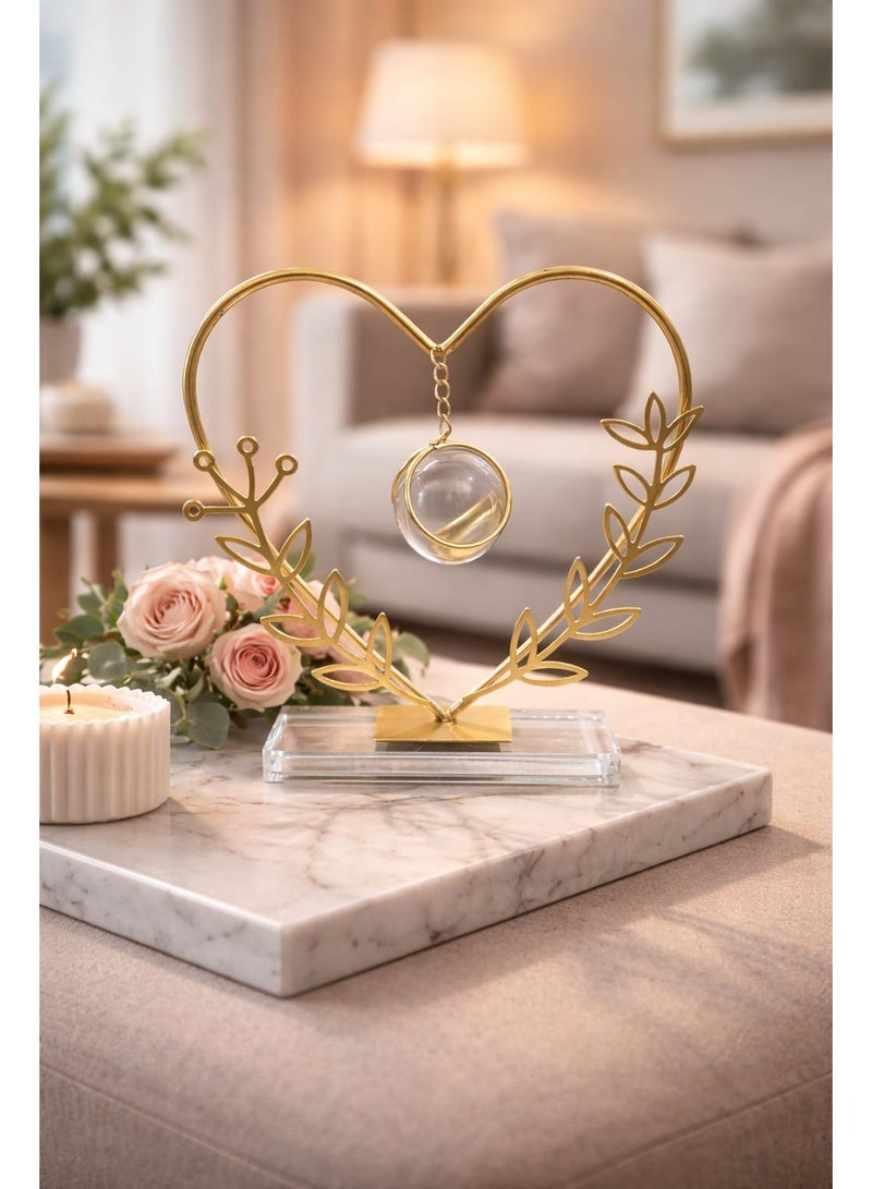 Heart-Shaped Decorative Ornament with Hanging Crystal Ball and Gold-Tone Floral Frame – Elegant Home and Office Tabletop Decor - Image 3