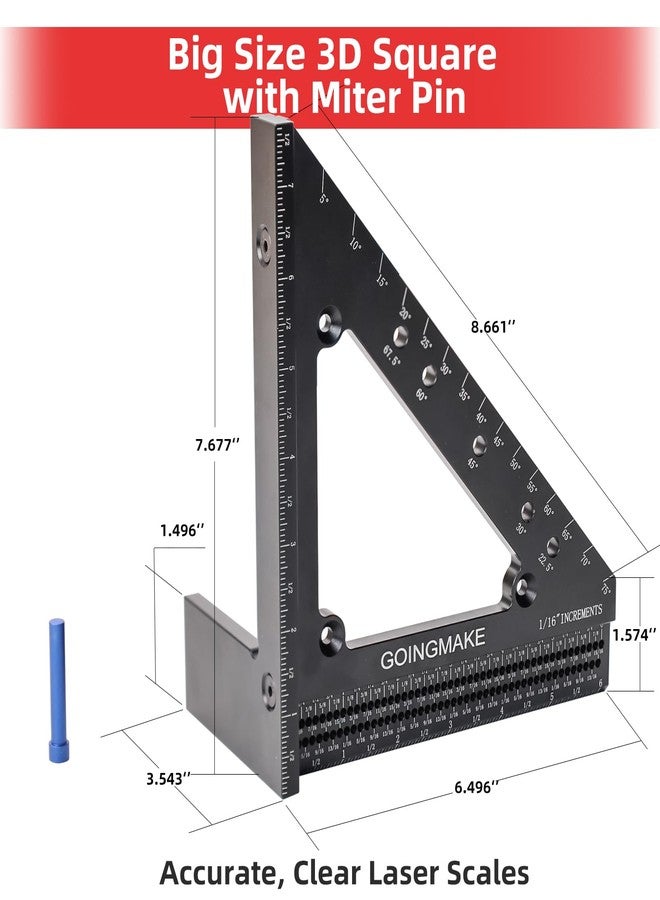 GOINGMAKE Big Carpenter Square 6x7.5 Inch Hole Scribing Ruler 3D Multi Angle Measuring Ruler 22.5-90 Degree Woodworking Square with Fixed Angle Pin 4 in 1 Square for Engineering and Construction - Image 2