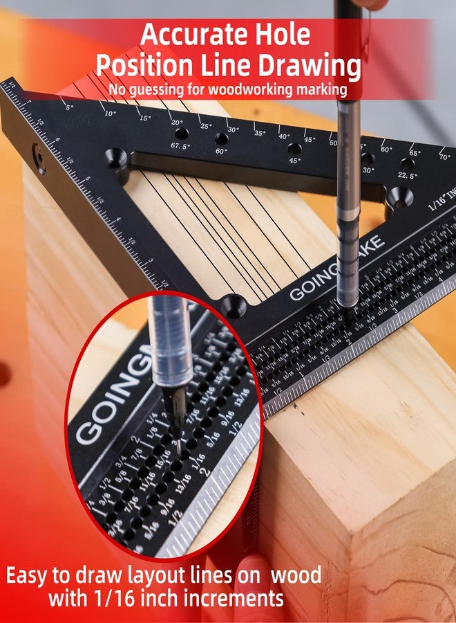 GOINGMAKE Big Carpenter Square 6x7.5 Inch Hole Scribing Ruler 3D Multi Angle Measuring Ruler 22.5-90 Degree Woodworking Square with Fixed Angle Pin 4 in 1 Square for Engineering and Construction - Image 3