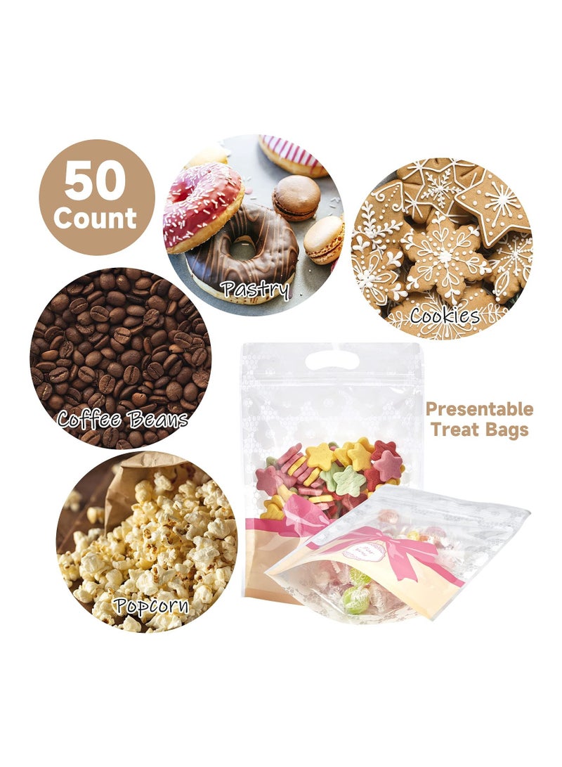 شو وو 50 Pack Clear Treat Bags, Resealable Ziplock Bags Plastic Bakery Packaging Window Airtight Candy Presentation Bag Stand Up Party Favor for Cookies, Candies, Snack, 6 x 8 Inches (PINK) - Image 2