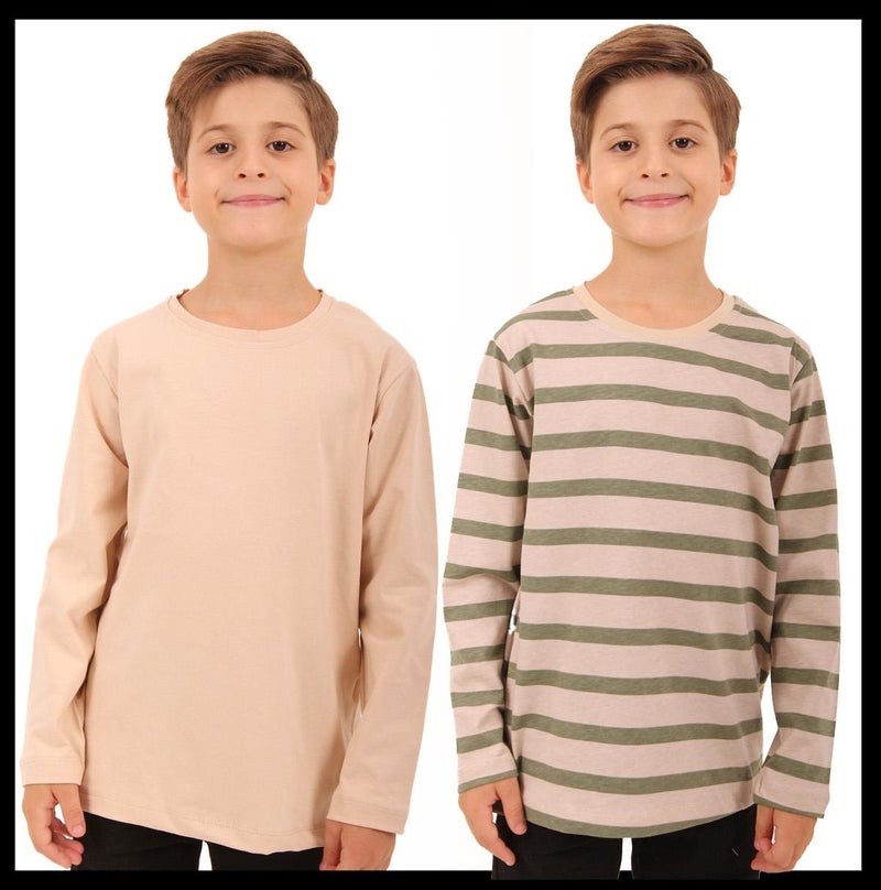 Perendi 2-Pack Crew Neck Long Sleeve Striped and Plain Unisex Kids Sweatshirt Khaki Beige-Beige  - Image 1
