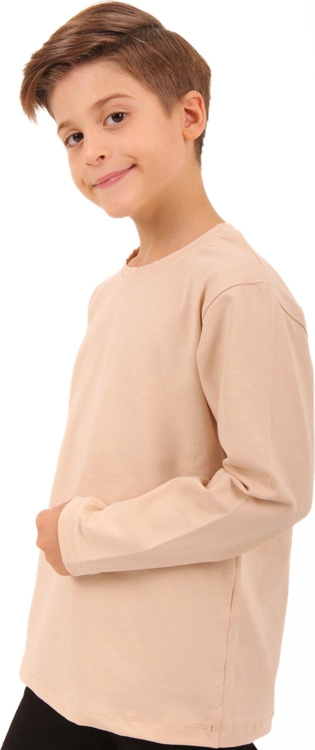 Perendi 2-Pack Crew Neck Long Sleeve Striped and Plain Unisex Kids Sweatshirt Khaki Beige-Beige  - Image 3