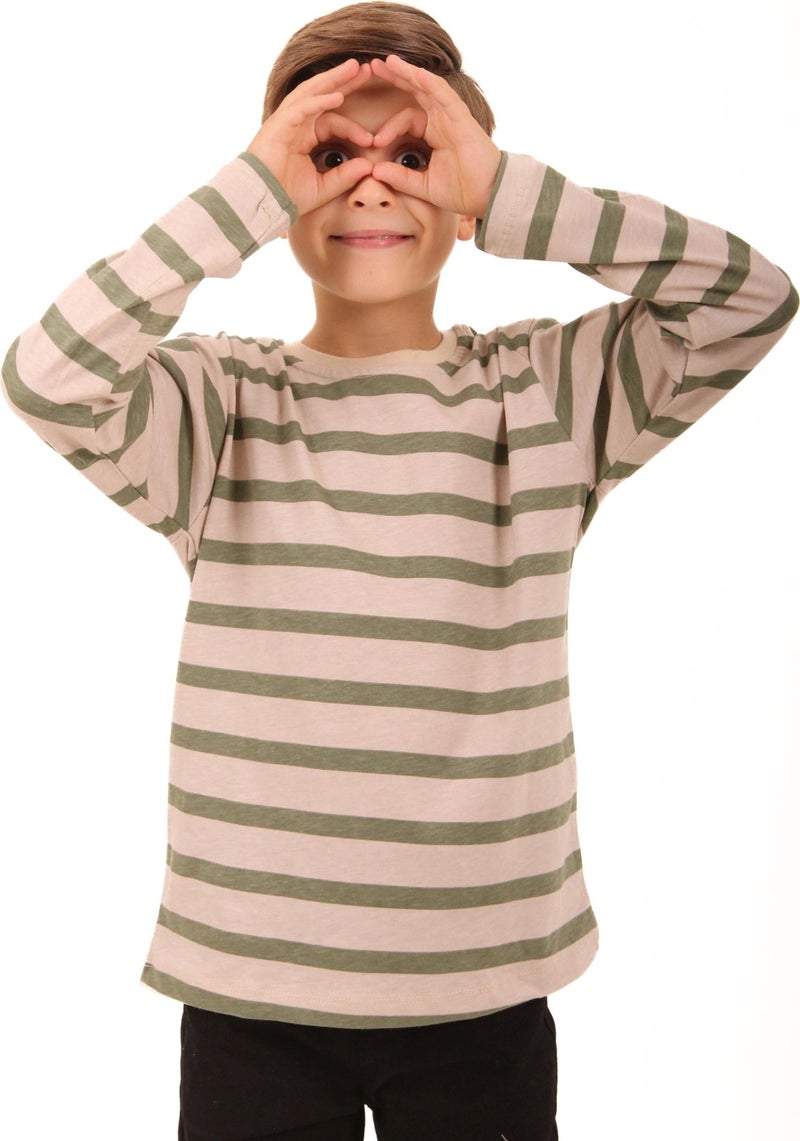 Perendi 2-Pack Crew Neck Long Sleeve Striped and Plain Unisex Kids Sweatshirt Khaki Beige-Beige  - Image 2