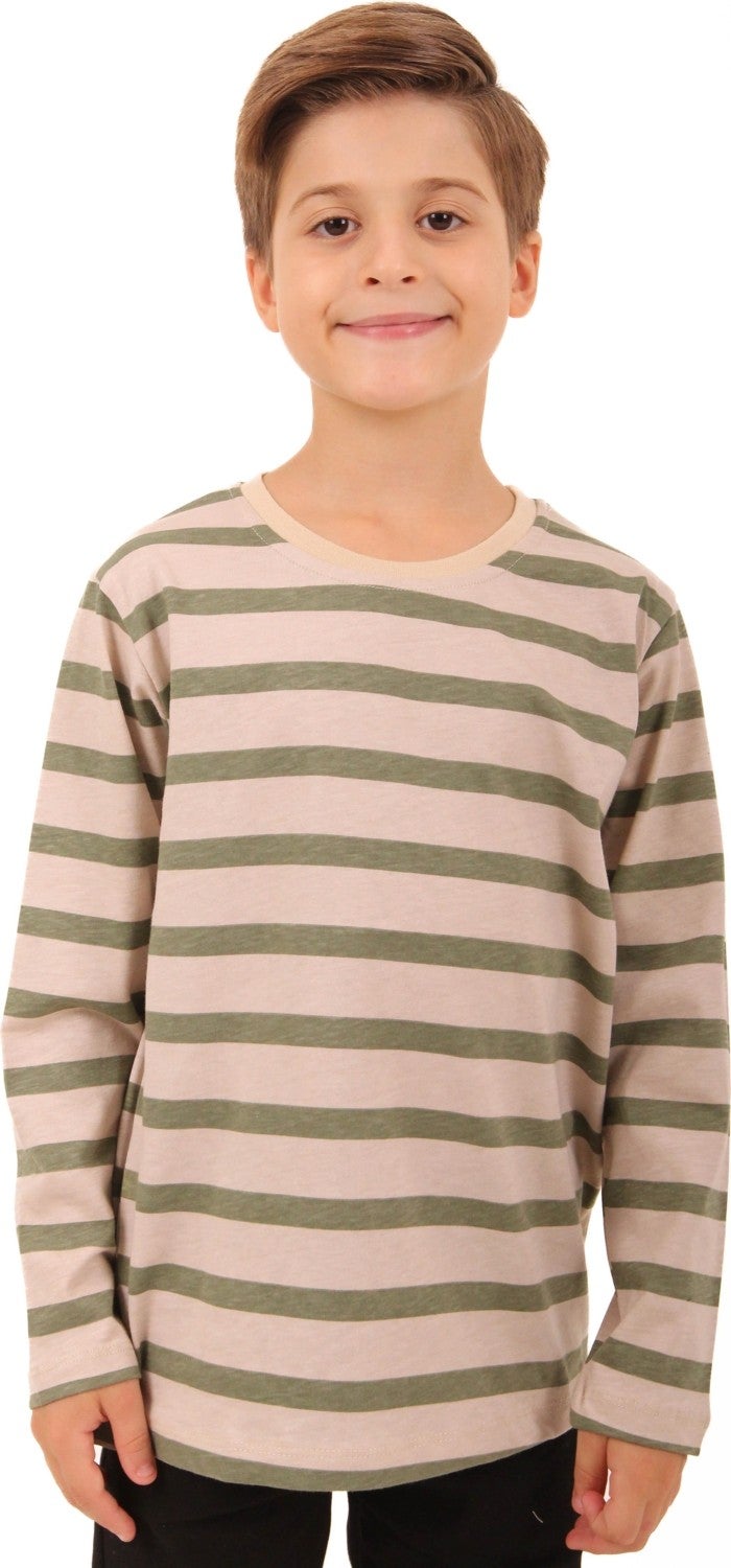 Perendi 2-Pack Crew Neck Long Sleeve Striped and Plain Unisex Kids Sweatshirt Khaki Beige-Beige  - Image 4