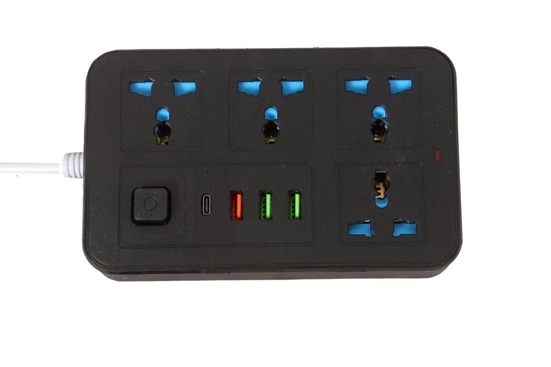 Power Strip 2500W Multi Function Multi Output Power Strip 3 USB Ports TYPE-C Port for Phones Overload Protection (Black, 4 Power Outlets, 3 USB Ports with TYPE-C)