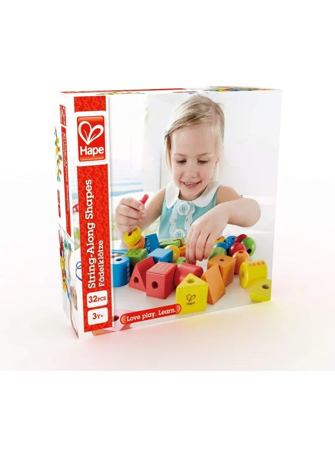 هيب String-Along Shapes | Classic 32 Piece Wooden Block Stacking Game, Multi-Coloured Lacing Toy 25.5x24x7.5سم