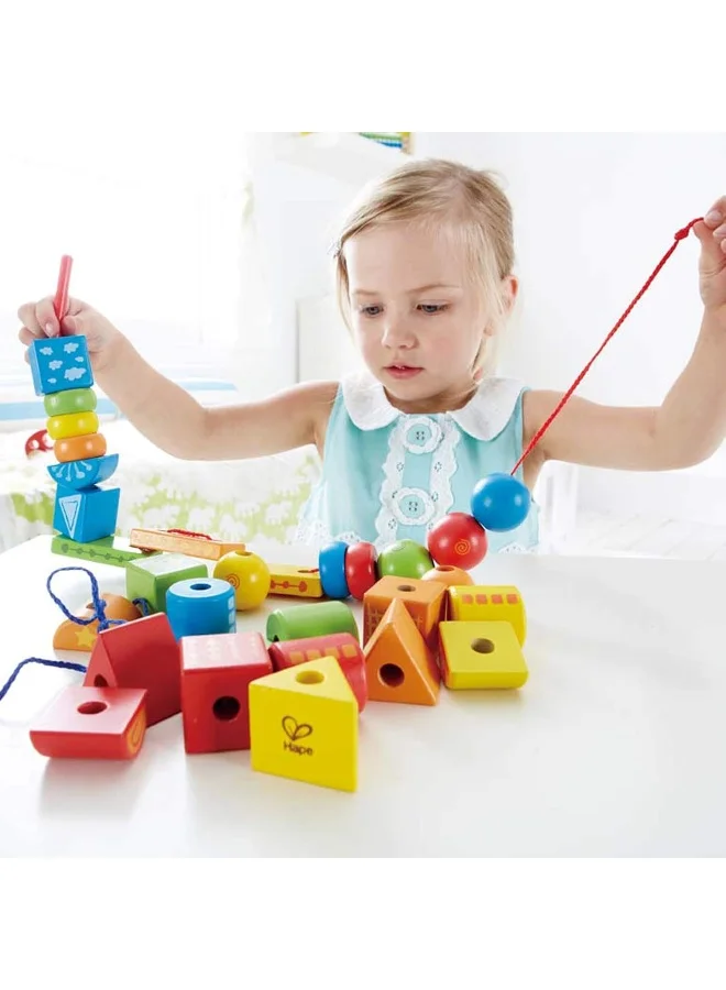 هيب String-Along Shapes | Classic 32 Piece Wooden Block Stacking Game, Multi-Coloured Lacing Toy 25.5x24x7.5سم