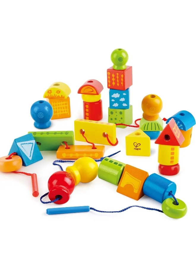 Hape Hape String-Along Shapes | Classic 32 Piece Wooden Block Stacking Game, Multi-Coloured Lacing Toy