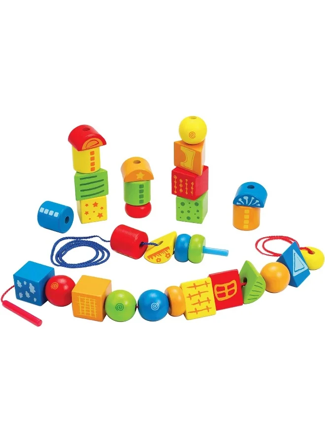 هيب String-Along Shapes | Classic 32 Piece Wooden Block Stacking Game, Multi-Coloured Lacing Toy 25.5x24x7.5سم
