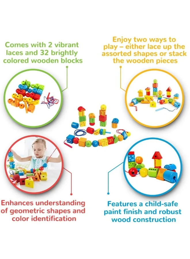 هيب String-Along Shapes | Classic 32 Piece Wooden Block Stacking Game, Multi-Coloured Lacing Toy 25.5x24x7.5سم