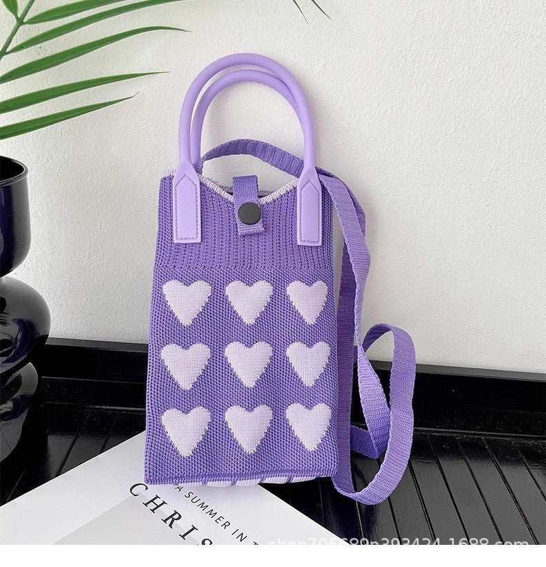 Niche Ins Style Knitted Mobile Phone Bag Silicone Handle Shoulder Crossbody Hand Carry Dual-Purpose Headphone Key Storage Bag - Image 1