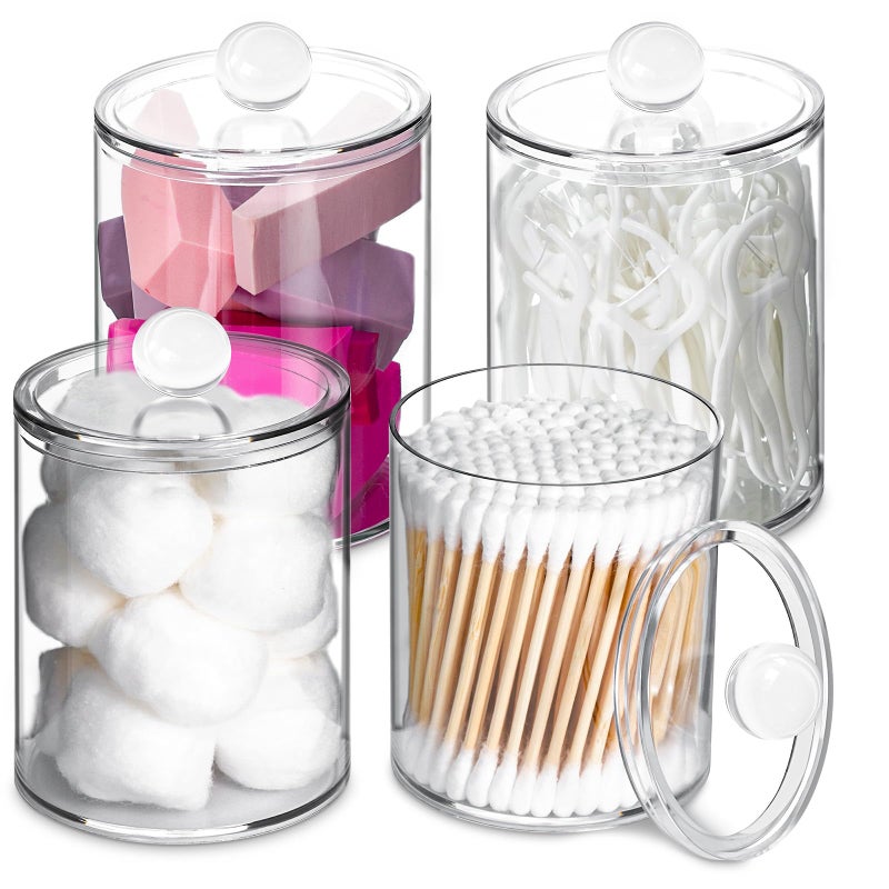 XIPENGKEJI 4 Pack Qtip HolderCanister Apothecary Jar Set Bathroom Jars with Lids Set for Cotton Swabs Balls Pads Floss Picks10oz12oz Plastic Canisters Restroom Bedroom Vanity Organizer