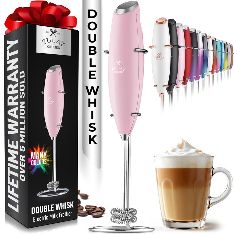Zulay Kitchen Powerful Double Whisk Milk Frother Handheld Foam Maker With Stand Whisk Drink Mixer for Coffee Mini Foamer for Latte Matcha Frappe Hot Chocolate Cappuccino Pink