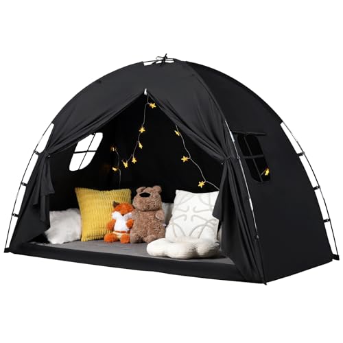 WANRU Bed Tent Twin Size Privacy Sleeping Space with Blackout Design Breathable Portable Indoor Floor Bed Tent for Toddler Transition Cottage Drafty Room Floor use TwinBlack - Image 1