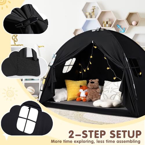 WANRU Bed Tent Twin Size Privacy Sleeping Space with Blackout Design Breathable Portable Indoor Floor Bed Tent for Toddler Transition Cottage Drafty Room Floor use TwinBlack - Image 3