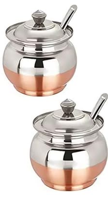 Trendmad Copper Coated base Steel Ghee Pot With Spoon Copper Base Steel Ghee Jar for Kitchen Steel Oil Container With LidSpoon For Pooja Items 150 ML Pack of 2