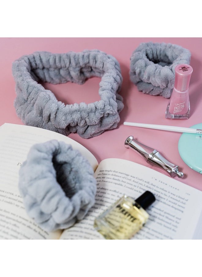 FROG SAC - FROG SAC Puffy Spa Headband and Wristbands for Face Washing, Fuzzy Skincare Headbands for Women, Soft Makeup Skin Care Hair Accessories for Girls, Bubble Make Up Sleepover Party Supplies (Gray) - Image 1