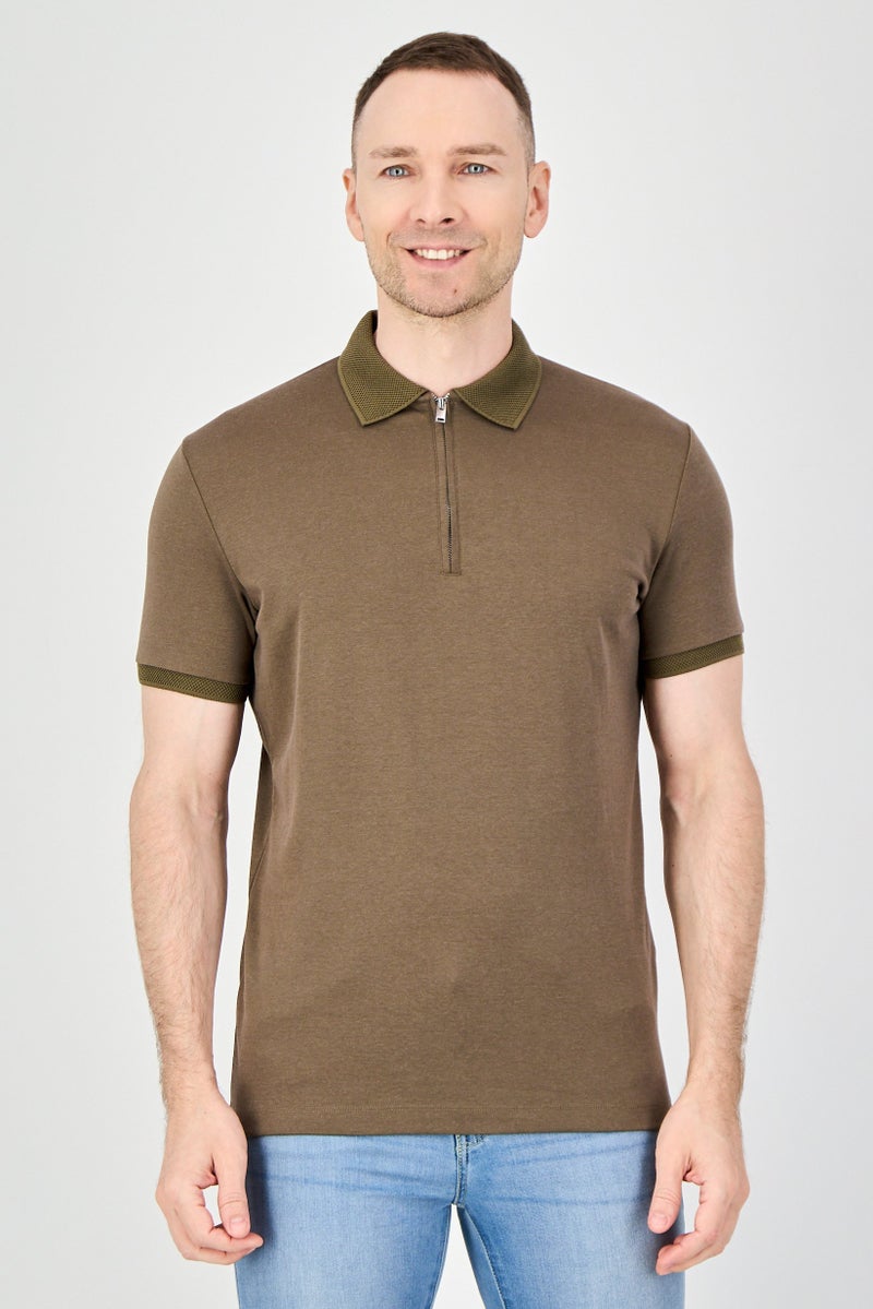 SELECTED Men Regular Fit Solid Short Sleeve Polo Shirt, Dark Olive - Image 1