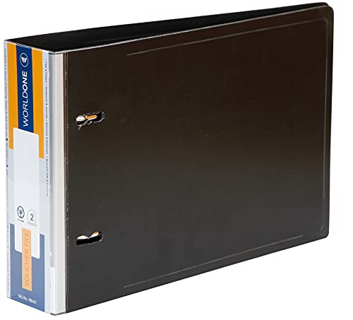 Worldone A5 Size PP Voucher File for A5 Size (Half of A4/photocopy Paper) documents, 2D Ring 40mm Metallic Clip, 1.5mm PP Sheet, Clear Spine Label, Cover Lock, Plastic Stopper, Black, Pack of 2 - Image 1