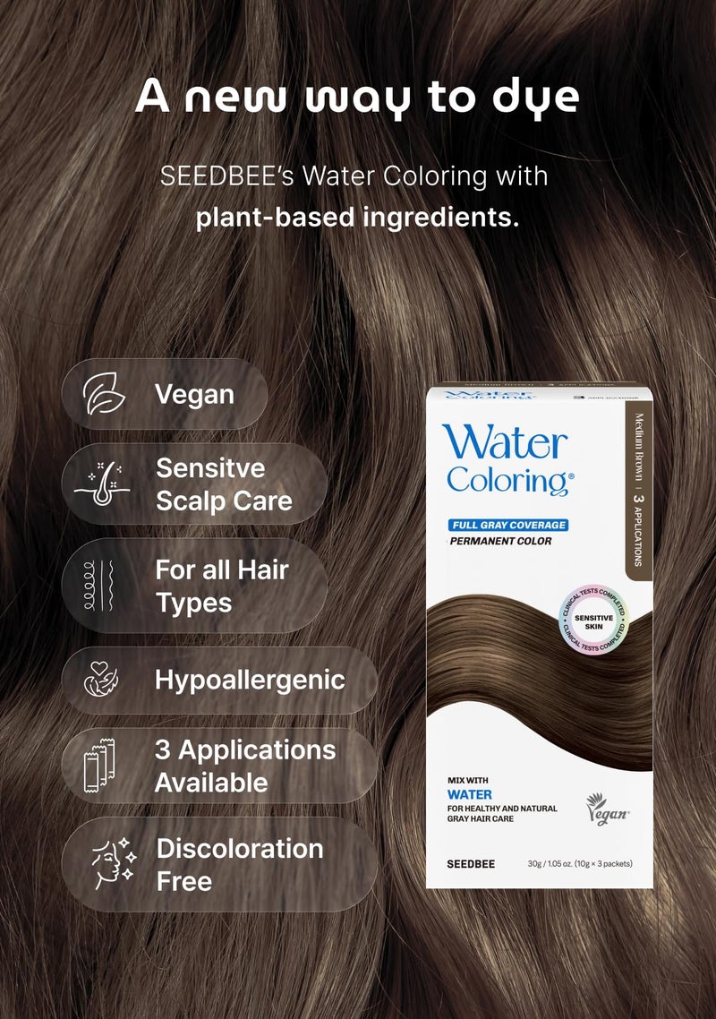 Seedbee Korean Permanent Hair Dye, Powder Hair Color Kit, Medium Brown, Gray Hair Coverage, Plant-Based Formula, Easy Application for Roots, Short & Long Hair, Vegan, Just Mix with Water (3 Powder Packets) - Image 2