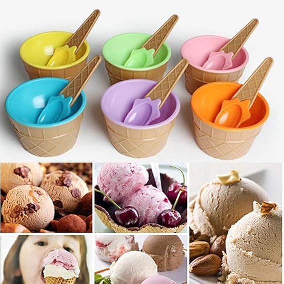 Caltero Set of 6 Pcs IceCream Waffle Spoon Bowel Cup SetIceCream Bowel with Spoon Set of 6 Assorted Colour BPA Free Plastic 62024 - Image 3