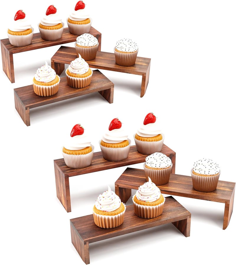 YFEEN Display Wood Stand 6Packs Wooden Risers for Vendor Events,3 Tier Stackable Wooden Cupcake Stand,Farmhouse Decor Wood Dessert Table Display Set Cologne Perfume Organizer Showcase Items (Burning, 7.8''x 8.5''x 9.3'') - Image 1