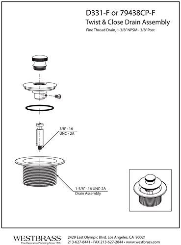 Westbrass D331F26 138 NPSM Fine Thread Twist Close Bathtub Drain Plug Polished Chrome - Image 3