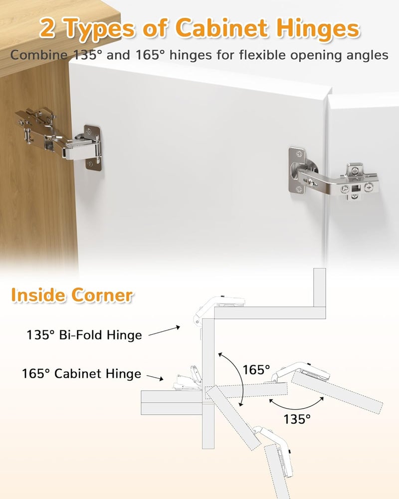 Chibery 2 Pair 135 Degree & 165 Degree Hinges Kit for Pie Corner Cabinets, Hidden Lazy Susan, Face Frame Self Closing, Clip On, Smooth Slow Close, Concealed Mount for Bi-fold Door, Kitchen Cupboard - Image 2