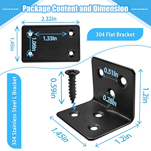 Carooyac 14PC Flat Brackets Mending Plates + 14 Black L Brackets + 140 Stainless Steel Screws, Heavy Duty Straight Corner Plates for Shelves - Image 2