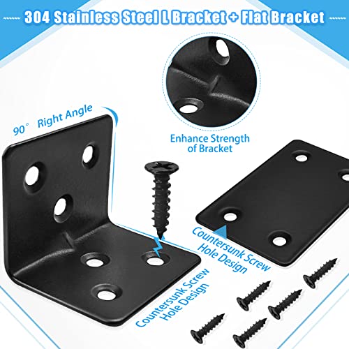 Carooyac 14PC Flat Brackets Mending Plates + 14 Black L Brackets + 140 Stainless Steel Screws, Heavy Duty Straight Corner Plates for Shelves - Image 3