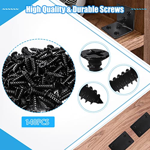 Carooyac 14PC Flat Brackets Mending Plates + 14 Black L Brackets + 140 Stainless Steel Screws, Heavy Duty Straight Corner Plates for Shelves - Image 4