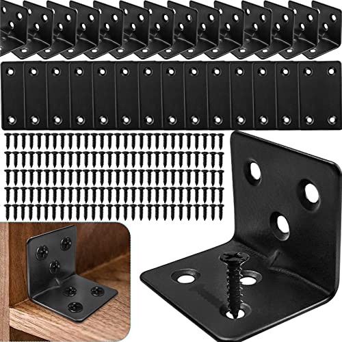 Carooyac 14PC Flat Brackets Mending Plates + 14 Black L Brackets + 140 Stainless Steel Screws, Heavy Duty Straight Corner Plates for Shelves - Image 1