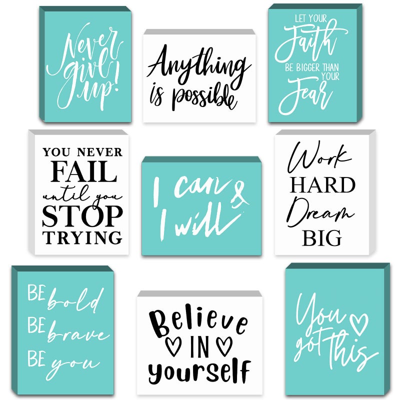Yulejo 9 Pcs Mini Inspirational Wooden Signs Office Desk Decor Valentines Day Gifts Positive Motivational Quotes Table Decor Bathroom Shelf Decors Cheer up(White  Green  5.51 x 3.94 x 0.47 Inch) - Image 1