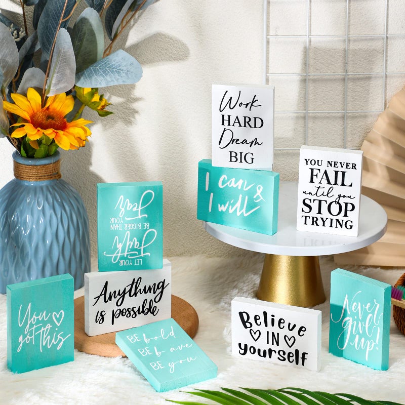 Yulejo 9 Pcs Mini Inspirational Wooden Signs Office Desk Decor Valentines Day Gifts Positive Motivational Quotes Table Decor Bathroom Shelf Decors Cheer up(White  Green  5.51 x 3.94 x 0.47 Inch) - Image 3