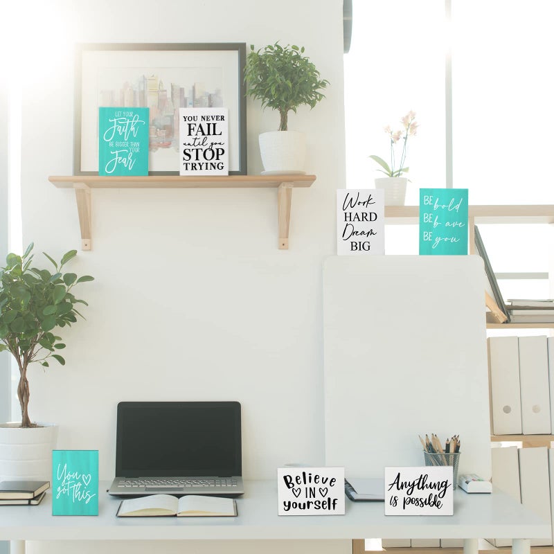 Yulejo 9 Pcs Mini Inspirational Wooden Signs Office Desk Decor Valentines Day Gifts Positive Motivational Quotes Table Decor Bathroom Shelf Decors Cheer up(White  Green  5.51 x 3.94 x 0.47 Inch) - Image 5