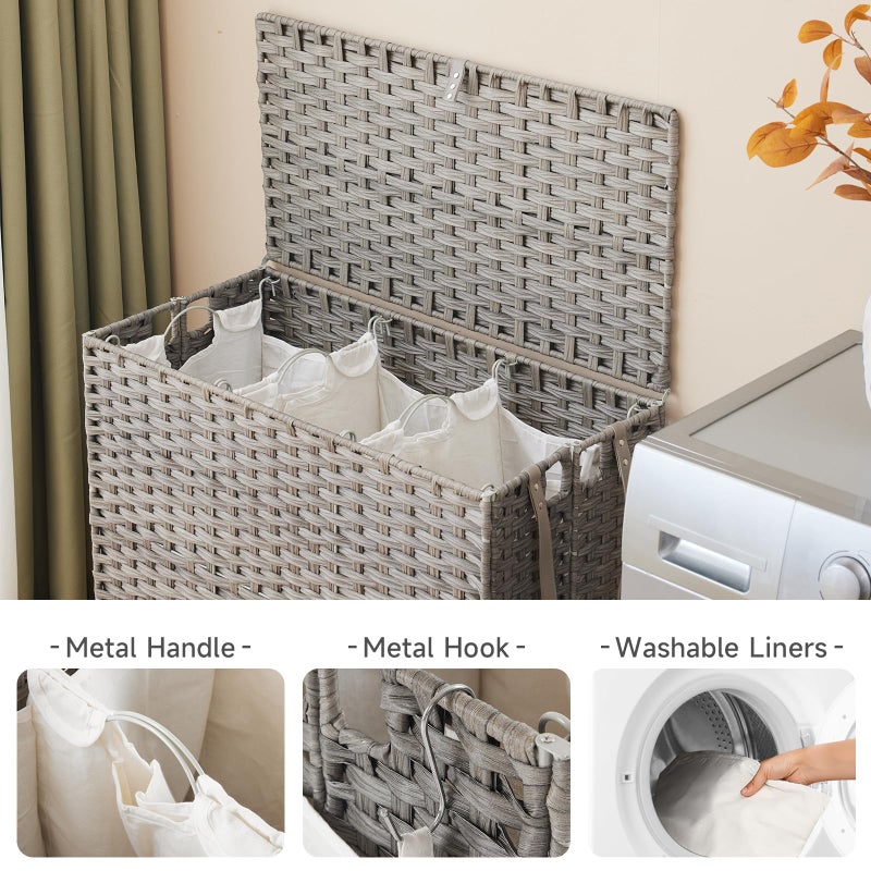 Hiagnete Laundry Hamper with Wheels, 39.6 Gallon(150L) Rolling Laundry Basket with Lid, 3-Section Rattan Clothes Hamper with 3 Removable Liner & 3 Mesh Bags, Laundry Sorter with Side Pocket, Grey - Image 5