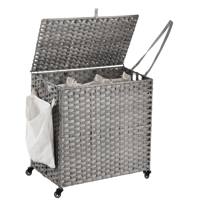Hiagnete Laundry Hamper with Wheels, 39.6 Gallon(150L) Rolling Laundry Basket with Lid, 3-Section Rattan Clothes Hamper with 3 Removable Liner & 3 Mesh Bags, Laundry Sorter with Side Pocket, Grey - Image 1