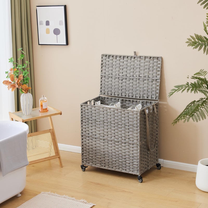Hiagnete Laundry Hamper with Wheels, 39.6 Gallon(150L) Rolling Laundry Basket with Lid, 3-Section Rattan Clothes Hamper with 3 Removable Liner & 3 Mesh Bags, Laundry Sorter with Side Pocket, Grey - Image 3