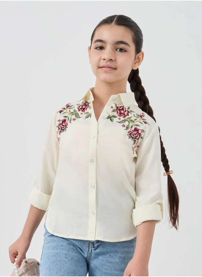 Styli Styli Girls Embroidered Roll-Up Sleeves Shirt
