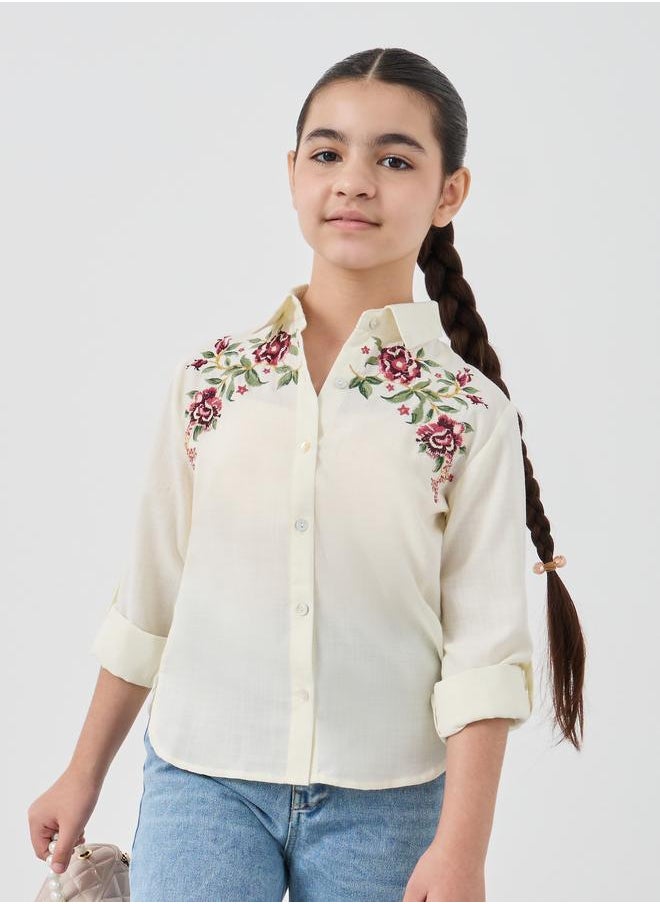 Styli Styli Girls Embroidered Roll-Up Sleeves Shirt  - Image 1