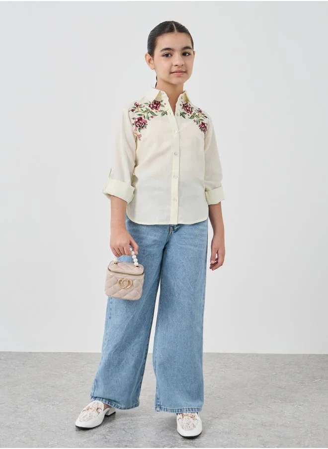 Styli Styli Girls Embroidered Roll-Up Sleeves Shirt