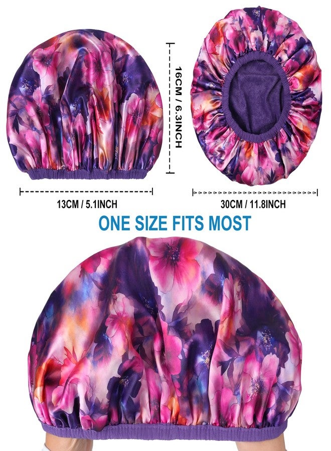 CHFONG Upgraded Waterproof Terry Shower Caps, Reusable Shower Cap for Women with Long Hair, Soft Absorbent Hair-Protecting Towel Lining Bath Cap, Large Leak-Proof Hair Cap with Fashionable Print Outer-Purple - Image 3