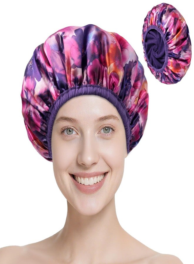 CHFONG Upgraded Waterproof Terry Shower Caps, Reusable Shower Cap for Women with Long Hair, Soft Absorbent Hair-Protecting Towel Lining Bath Cap, Large Leak-Proof Hair Cap with Fashionable Print Outer-Purple - Image 1