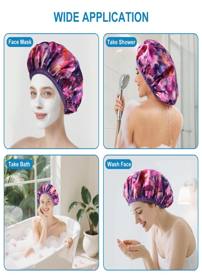 CHFONG Upgraded Waterproof Terry Shower Caps, Reusable Shower Cap for Women with Long Hair, Soft Absorbent Hair-Protecting Towel Lining Bath Cap, Large Leak-Proof Hair Cap with Fashionable Print Outer-Purple - Image 4