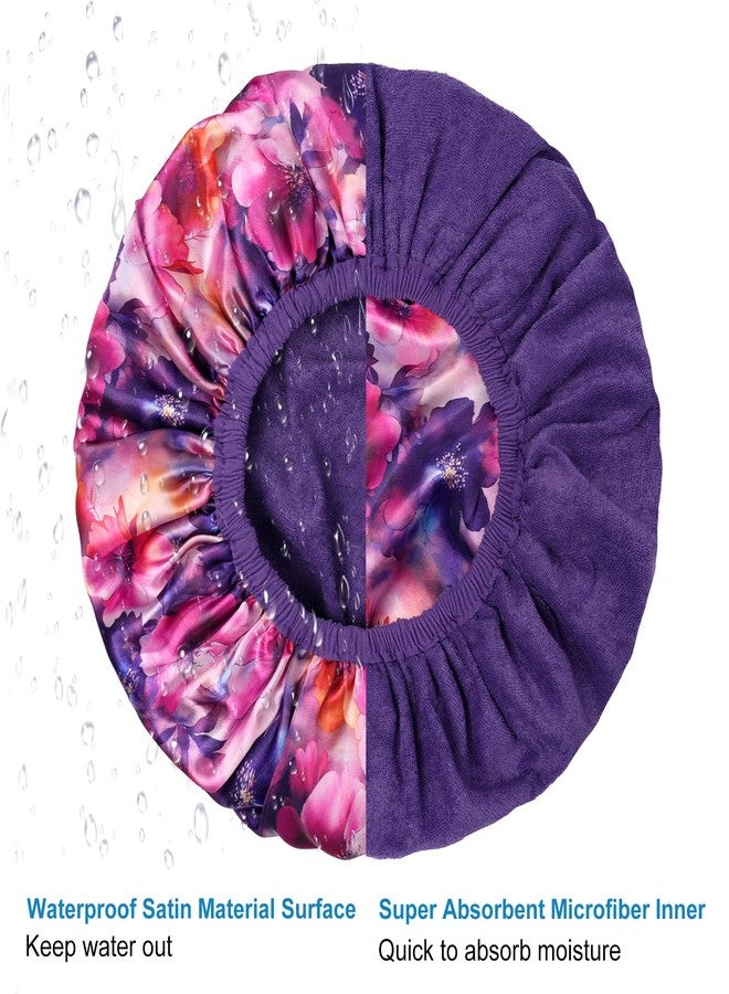 CHFONG Upgraded Waterproof Terry Shower Caps, Reusable Shower Cap for Women with Long Hair, Soft Absorbent Hair-Protecting Towel Lining Bath Cap, Large Leak-Proof Hair Cap with Fashionable Print Outer-Purple - Image 5
