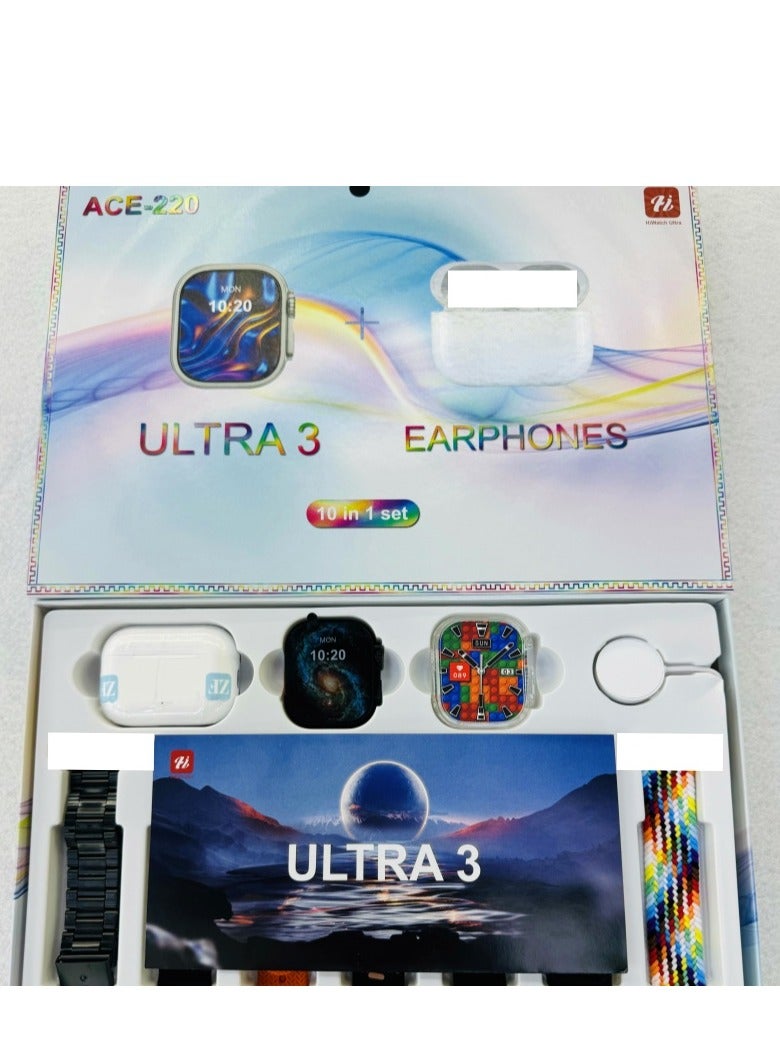 ACE-220 Ultra Smart Watch Ultra 10 In 1 Waterproof 7 Straps + Protective Case + Earphones Men Women 49MM Bluetooth Call Heart Rate Wireless Charging Fitness Bracelet Smartwatch Set  - Image 1