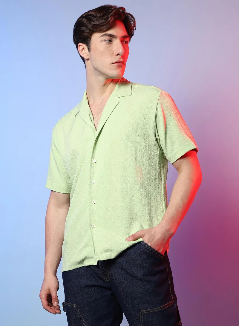 Campus Sutra Men's Lime Green Self-Design Creased Box Shirt