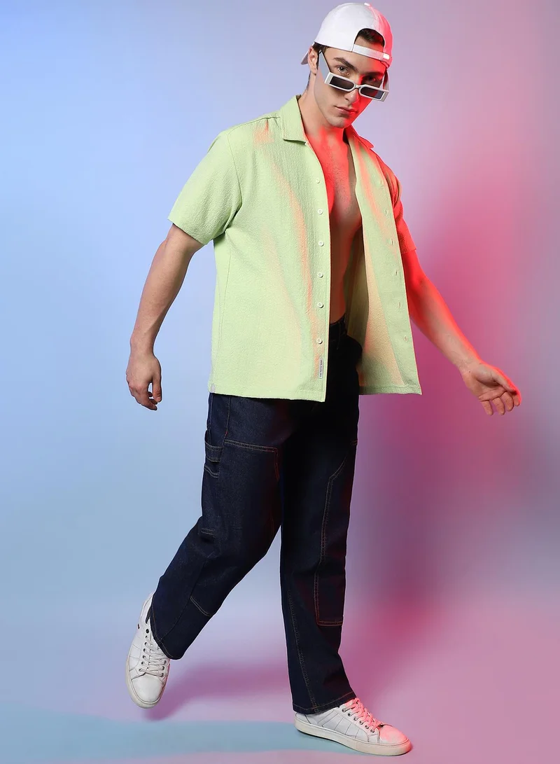 Campus Sutra Men's Lime Green Self-Design Creased Box Shirt