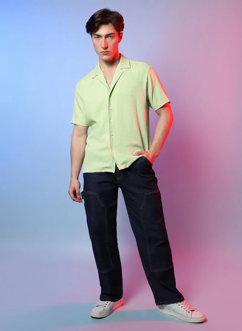Campus Sutra Men's Lime Green Self-Design Creased Box Shirt