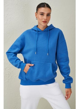 Tena Women's Blue Three Thread Rose Gold Kangaroo Pocket Hooded Sweatshirt  - Image 1